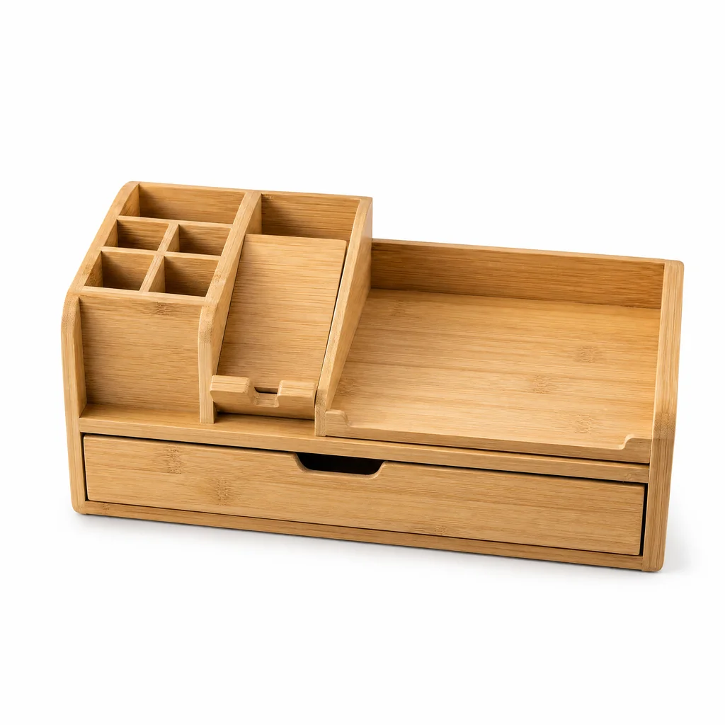 Bamboo Desk Organizer with Drawer – OfficeSuiteSolution Bamboo desk organizer with sliding drawer, pen slots and phone slot on white background