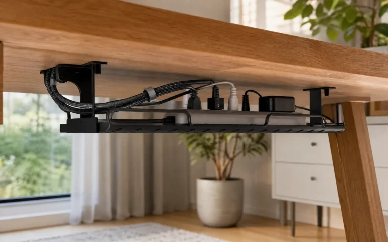 Under-desk steel cable tray holding a power strip with sleeved cables