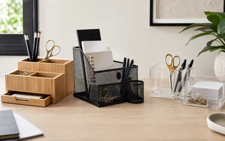 Bamboo, steel mesh and acrylic desk organizers compared on an oak desk