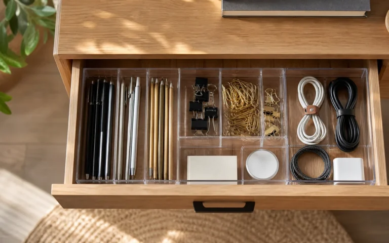 Open desk drawer organized with clear trays
