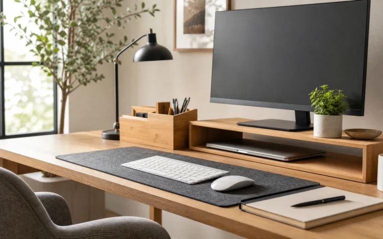 Tidy home office desk with bamboo organizer, monitor riser and felt desk mat