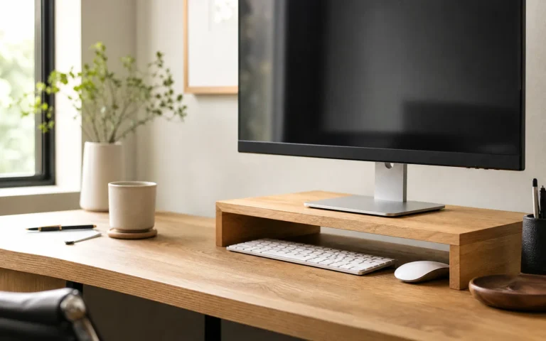 Monitor raised on a wooden stand with keyboard stored underneath