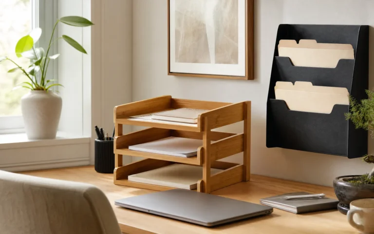 Three-tier bamboo letter tray and wall file organizer with labeled folders