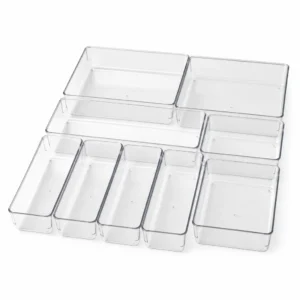 Clear Drawer Organizer Trays, 8-Piece Set (BPA-free plastic, Clear) on a white background