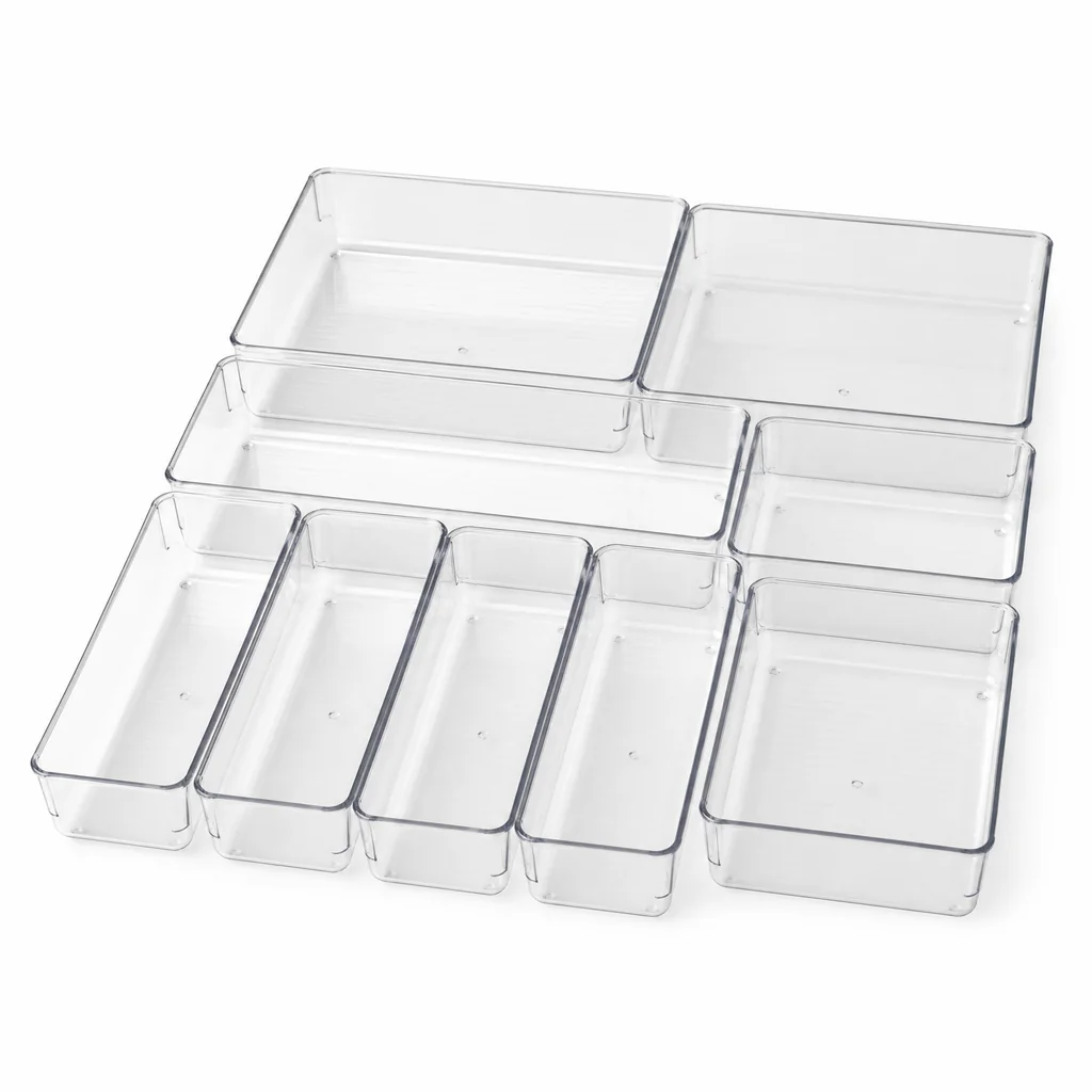 Clear Drawer Organizer Trays, 8-Piece Set – OfficeSuiteSolution Clear Drawer Organizer Trays, 8-Piece Set (BPA-free plastic, Clear) on a white background