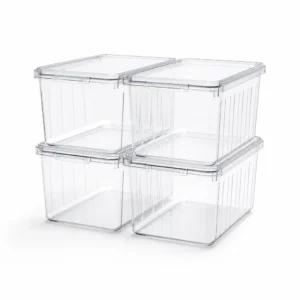 Clear Stackable Storage Bins with Lids, 4-Pack – OfficeSuiteSolution Clear Stackable Storage Bins with Lids, 4-Pack (Shatter-resistant plastic, Clear) on a white background