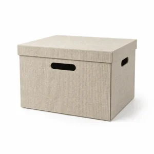 Desktop File Box with Lid & Handles (Linen-textured board, Oatmeal) on a white background