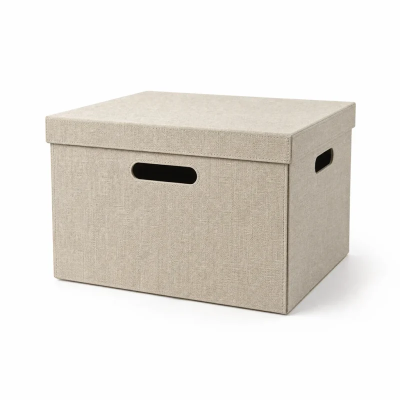 Desktop File Box with Lid & Handles – OfficeSuiteSolution Desktop File Box with Lid & Handles (Linen-textured board, Oatmeal) on a white background