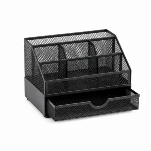 Mesh Desk Organizer, 5-Compartment – OfficeSuiteSolution Mesh Desk Organizer, 5-Compartment (Powder-coated steel mesh, Black) on a white background