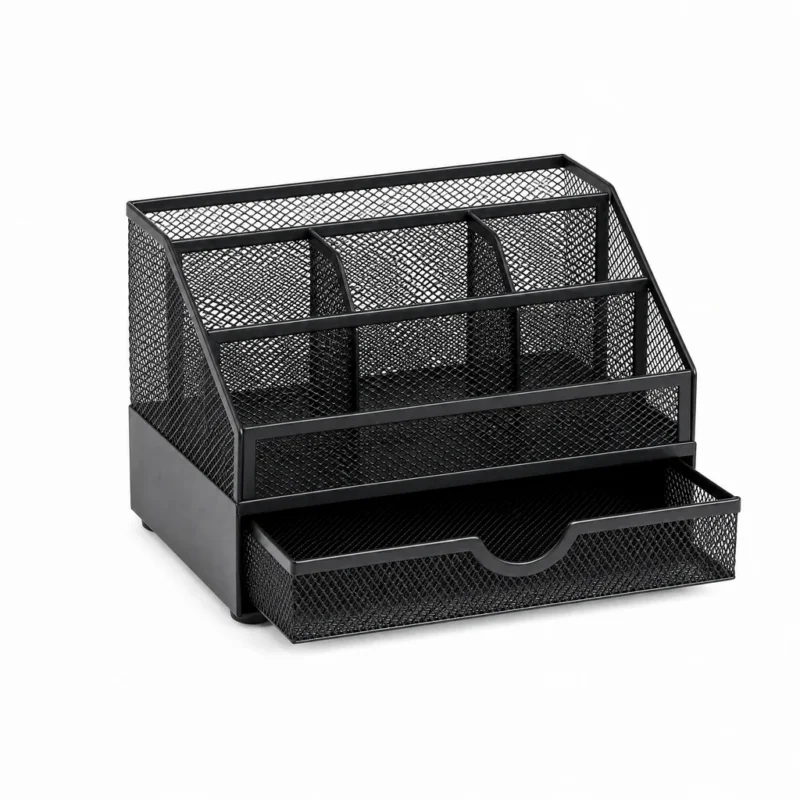 Mesh Desk Organizer, 5-Compartment (Powder-coated steel mesh, Black) on a white background
