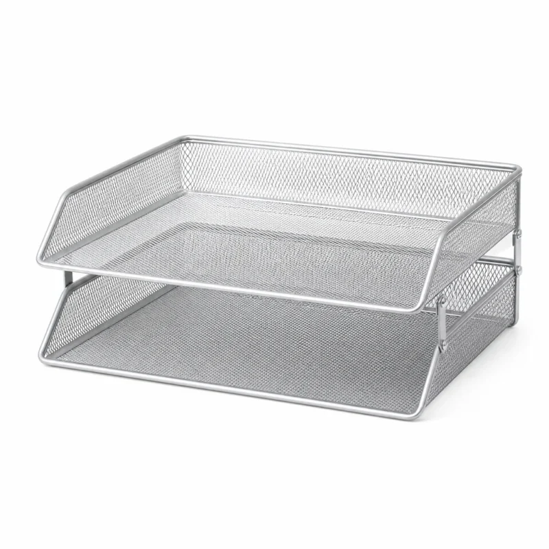Mesh Paper Tray Set, 2-Pack – OfficeSuiteSolution Mesh Paper Tray Set, 2-Pack (Steel mesh, Silver) on a white background