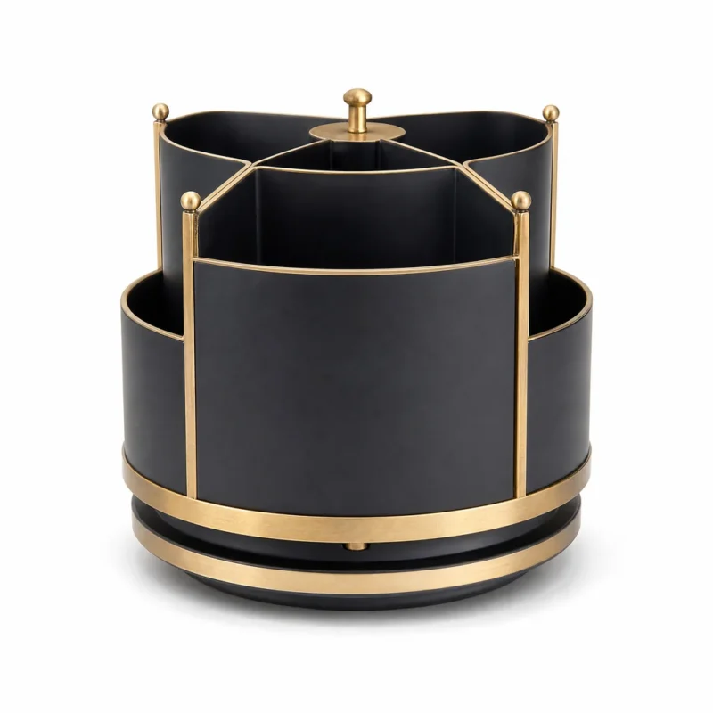Rotating Pen Holder Desk Caddy – OfficeSuiteSolution Rotating Pen Holder Desk Caddy (ABS with brass-tone finish, Black/Brass) on a white background