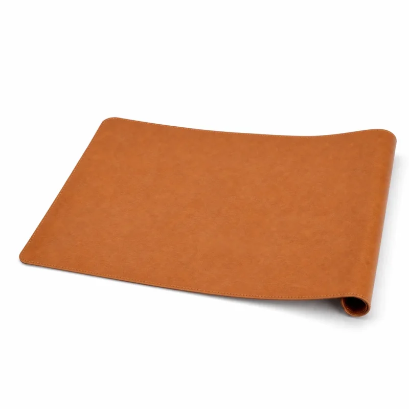 Vegan Leather Desk Mat, 31 x 15.7 in (PU leather with suede backing, Camel Brown) on a white background